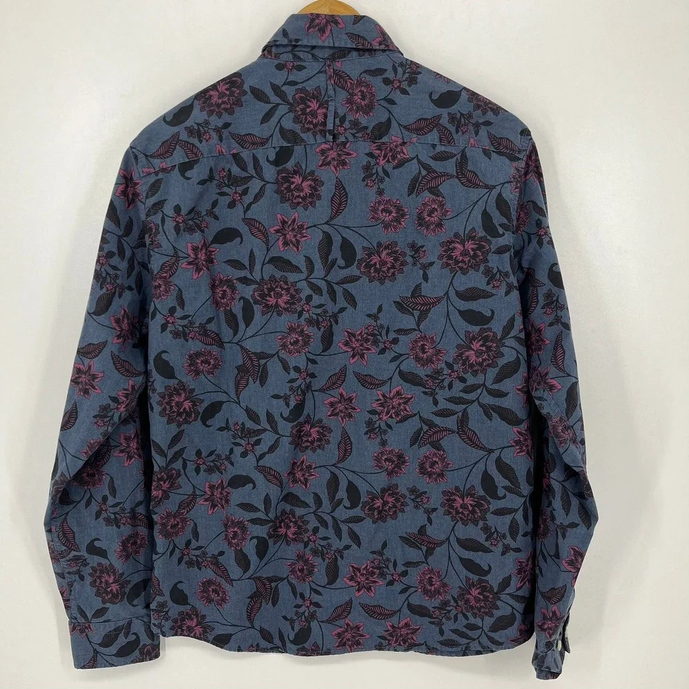 Banana Republic Mens Luxe Poplin Untucked Slim Fit Floral Shirt Blue Burgundy M
